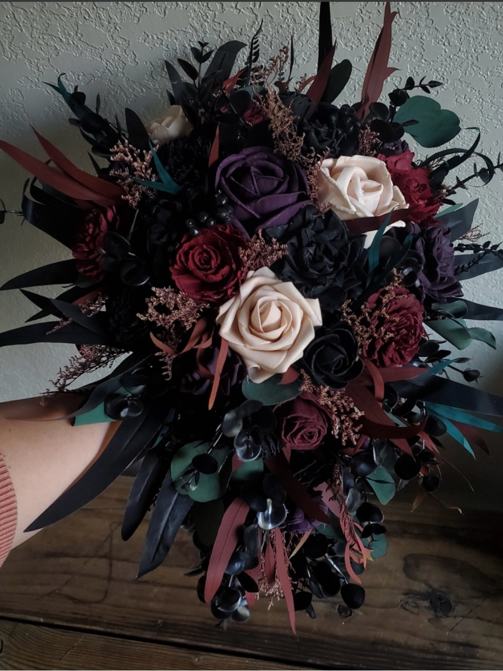 Sola Wood Flower Bouquet - Burgundy, Deep Purple, Black, Navy & Cream Accents
